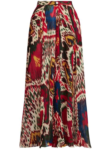 Ralph Lauren Collection Novella abstract-print Midi Skirt - Farfetch Leather Pleated Skirt, Printed Pleated Skirt, Ikat Design, Ralph Lauren Style, Americana Fashion, Ikat Print, Printed Midi Skirt, Ralph Lauren Collection, Michael Kors Collection