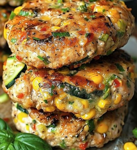 Ben Recipes - Chicken, Zucchini and Fresh Corn Burgers... Corn Burger, Ground Chicken Burgers, Zucchini Burger, Chicken Burgers Recipe, Ground Chicken Recipes, Chicken Zucchini, Fresh Corn, Ground Chicken, Zucchini Recipes