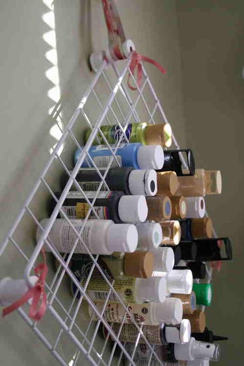 Standard grid hung on its side for craft storage Wire Shelving Units, Wire Shelf, Dream Craft Room, Craft Room Design, Paint Storage, Craft Area, Office Crafts, Shelving Units, Craft Room Storage