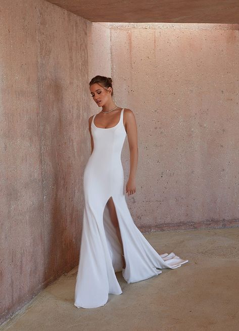 Low Back Crepe Wedding Dress, Sleek Draped Wedding Dress, Silk Wedding Dress With Side Slits, White Satin Wedding Dress Low Back, Sleek Wedding Dress Azazie, Moonlight Wedding Dress, Wedding Dresses Diamonds, White Mermaid, Dress Train