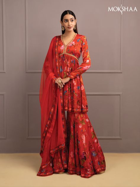 Aaliya Cut Dresses, Aaliya Cut Kurta, Sharara Aesthetic, Printed Sharara Suit, Feminine Tattoo Placement, Frock Suit, Printed Sharara, Printed Kurti Designs, Trendy Outfits Indian