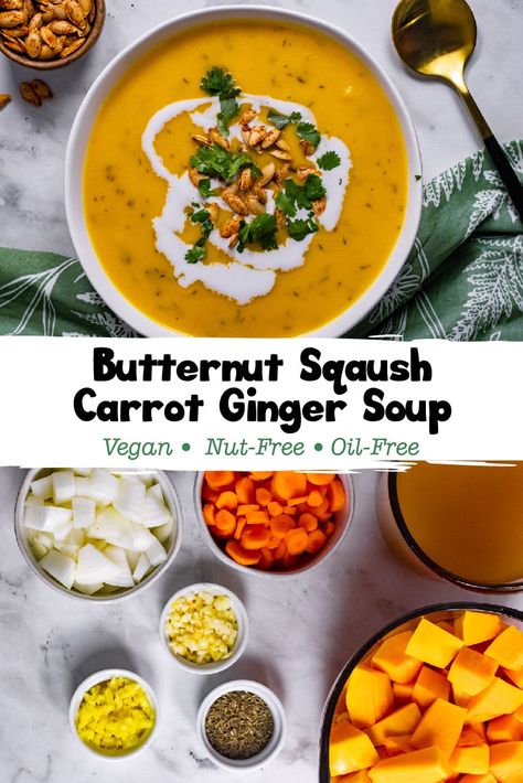 Butternut Squash Carrot Ginger Soup, Carrot Butternut Squash Soup, Vegan Butternut Squash Soup, Comfort Meals, Vegan Butternut Squash, Butternut Soup, Carrot Ginger Soup, Ginger Soup, Butternut Squash Recipes Soup