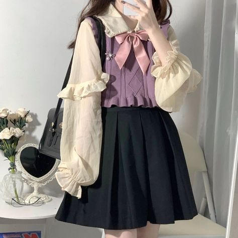 Hikigawa Chic Fashion Ruffled Patchwork Women Sweaters Vest + Bow Peter Pan Collar Long Sleeve Purple Autumn Outfit, Autumn Chic, Peter Pan Collar Shirt, Mode Turban, Dress Sets, Old Fashion Dresses, Kawaii Fashion Outfits, Really Cute Outfits, Kawaii Clothes