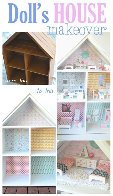 Sweet dolls house makeover! Could easily make this with a small book shelf and a couple of pcs of scrap wood..decorate..yay! Bookshelf Barbie House, Cube Dollhouse Diy, Cube Shelf Doll House Diy, Decorate Dollhouse Ideas, How To Decorate A Doll House, Cube Shelf Doll House, Doll House Crafts How To Make, Making A Doll House, Doll House Painting Ideas