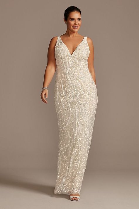 Beaded Matte Sequin V-Neck Plus Size Sheath Dress | David's Bridal Reception Dress Sequin, Plus Size Sparkly Wedding Dresses, Plus Size Sheath Dress, Sequin Wedding Dress, Rhinestone Wedding Dress, Halter Wedding Dress, Sparkly Wedding Dress, New Years Eve Weddings, Sparkly Wedding