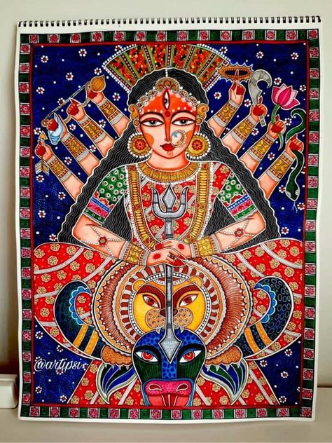 Maa Kali Madhubani Painting, Madhubani Painting Durga Maa, Maa Durga Madhubani Painting, Durga Maa Madhubani Painting, Madhubani Durga Painting, Mithila Painting Design, Kalighat Paintings Folk, Madhubani Paintings Traditional, Mirror Canvas Art