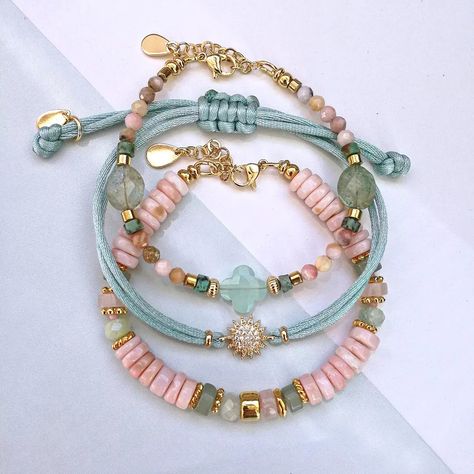 Aqua chalcedony, pink opal, aventurine, morganite, rose quartz, Strawberry quartz, satin nylon, fashionable jewelry, designer jewelry Mint Green Bracelet, Green Aventurine Jewelry, Marble Bracelet, Aventurine Jewelry, Petite Jewelry, Diy Bracelet Designs, Tourmaline Bracelet, Easy Diy Jewelry, Fashionable Jewelry