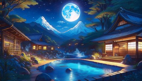 A tranquil night scene showcases a traditional Japanese onsen surrounded by lush greenery and mountains, under the light of a full, luminous moon. The serene, blue waters of the hot spring reflect the soft glow from the moon, creating a peaceful and magical atmosphere perfect for relaxation and reflection.  anime, night, onsen, moon, mountains, serene, blue, hot spring, tranquility, Japanese, traditional, nature, peaceful, anime landscape, nice wallpaper, relaxing. Hot Spring Anime, Japanese Landscape Wallpaper, Onsen Aesthetic, Wallpaper Relaxing, Nature Peaceful, Anime Night, Nice Wallpaper, Japanese Onsen, Anime Landscape