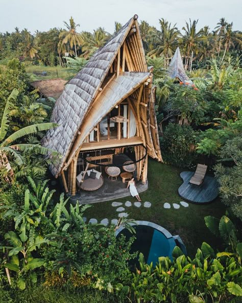 Bali Bamboo House | Rescape Ubud - Resound Villa - Huts for Rent in Ubud, Bali, Indonesia Bamboo House Bali, Bali Huts, Hotels In Bali, Ubud Villas, Bali Style Home, Tree House Plans, Bamboo House Design, Bali House, Bamboo Structure