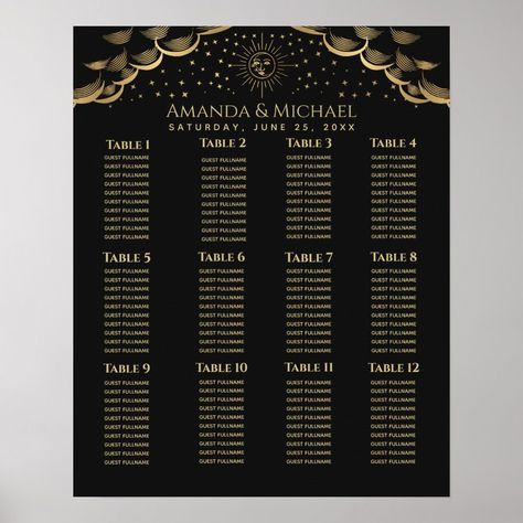 Gold Sun and Moon Tarot Card Wedding Seating Chart  Zazzle Moon Phase Seating Chart, Tarot Card Wedding, Tarot Wedding, Sun And Moon Tarot, Modern Wedding Design, Moon Tarot Card, Gold Sun, Card Wedding, Gothic Wedding