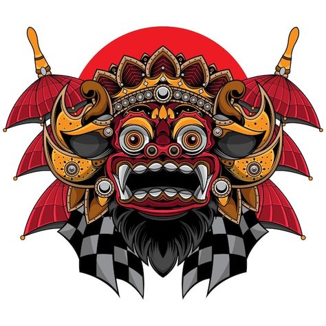 Traditional balinese barong mask Premium... | Premium Vector #Freepik #vector #travel #art #dance #tattoo Hari Raya Nyepi, Barong Bali, Patriotic Background, Indonesian Flag, Bali Art, House Cartoon, Eagle Art, Floral Drawing, Hari Raya