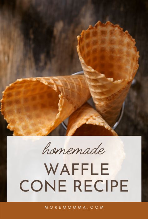 Learn how to make your very own homemade waffle cone in a matter of minutes with this waffle cone recipe. This homemade waffle cone recipe is easy to make and can be made in a variety of different flavors. You can also make these waffle cone desserts recipe a couple of days in advanced for your next ice cream social! Nothing is better than a warm crispy homemade waffle cone filled to the brim with ice cream. Check out the full recipe at moremomma.com | Desserts for kids Waffle Cone Recipe Without Maker, Cone Desserts, Homemade Ice Cream Cone, Ice Cream Cones Recipe, Diy Waffles, Homemade Waffle, Waffle Cone Recipe, Waffle Cone Maker, Cone Dessert