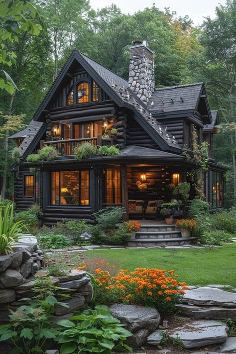 Black Log Cabin Exterior, Rustic House Exterior, Log Homes Exterior, Minimalist Cottagecore, Rustic Log Home, Stone Cabin, Mountain Home Exterior, Mountain Cabins, Log Cabin Rustic