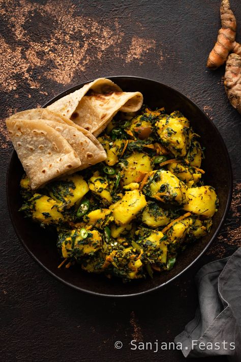 Bowl of aloo methi with soft chapati beside it. Aloo Methi Recipe, Vegan Rice Krispie Treats, Methi Recipes, Aloo Methi, Indian Cheese, Burfi Recipe, Aloo Recipes, Beans On Toast, Fresh Potato