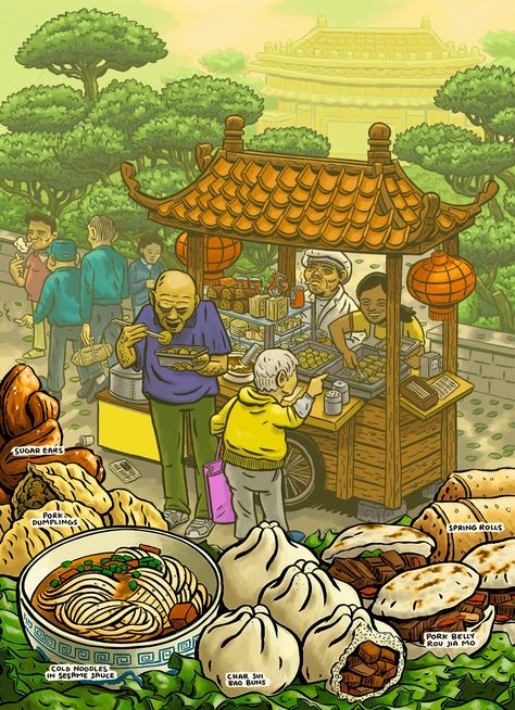 Food Stall Drawing, Street Food Painting, Street Food Drawing, Chinese Food Drawing, Chinese Food Art, Chinese Food Illustration, Street Food Illustration, Food Festivals Event, Food Animation