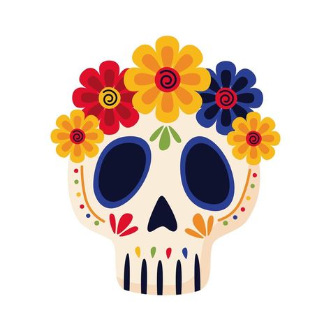 Cabeza de calavera mexicana tradicional con icono de estilo plano de flores Skull Head With Flowers, Head With Flowers, Mexican Halloween, Clip Art Frames Borders, Mexican Skull, Mexican Skulls, Manualidades Halloween, Diy Watercolor Painting, Mexican Decor