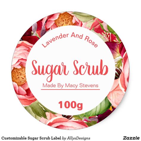 Customizable Sugar Scrub Label - This floral sugar scrub sticker is a label for someone who loves making their own organic products to sell at fairs, fates and at their own shop stall at a market. It can also be used for handmade gifts for family and friends, simply change the existing details to your very own! Homemade Salt Scrub, Sugar Scrub Labels, Body Scrub Labels, Rose Scrub, Floral Bath Salts, Homemade Spa, Skin Care Business, Sugar Scrub Homemade, Homemade Stickers