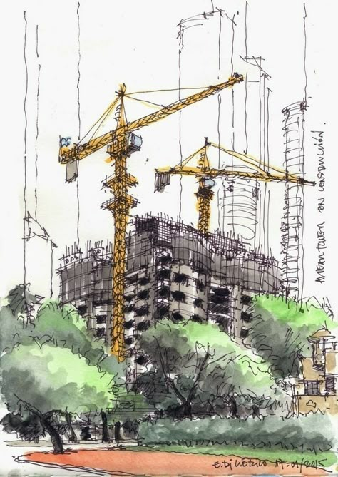 Construction Painting, Crane Drawing, Construction Drawing, Construction Art, Civil Engineering Design, City Sketch, Watercolor Architecture, Architecture Sketchbook, Architecture Concept Drawings