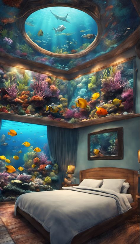 A bedroom with aquarium walls, colorful tropical fish. Fantasy ocean bedroom Underwater Bedroom Fantasy Art, Under The Sea Bedroom Ideas, Aquarium Bedroom, Underwater Homes, Under The Sea Bedroom, Fantasy Aquarium, College Artwork, Underwater Bedroom, Sea Bedrooms