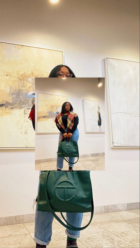 Dark Green Telfar Bag Outfit, Dark Olive Telfar Bag Outfit, Green Telfar Bag Outfit, Medium Telfar Bag Outfit, Telfar Outfit, Green Telfar, Telfar Bag Outfit, Black Bag Outfit, Uni Outfit