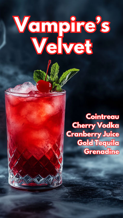 Vampire’s Velvet Halloween Punch Vodka, Cranberry Drink Recipes, Drinks To Make With Vodka, Punch With Tequila, Gothic Cocktails, Fruity Vodka Drinks, Cranberry Cocktails, Spiced Rum Drinks, Spooky Cocktails