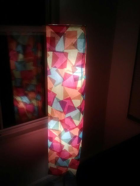 My friend and I made this last night... took a normal square paper lamp from walmart or meijer and then cut tissue paper and glued it to the paper shade. Super easy and fun looking at night! Paper Lamps, Tissue Paper Art, Girl Bedrooms, Paper Lampshade, Square Paper, Lamp Shades, School Projects, Paper Lamp, Girls Bedroom