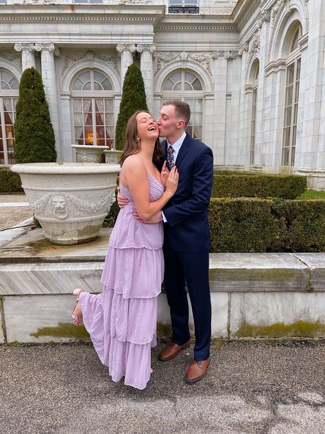 Lilac Homecoming Dress, Homecoming Couple, Lavender Prom, Dress Couple, Tiered Prom Dress, Couples Pose, Summer Beach Dress, Purple Outfits, Couple Outfits