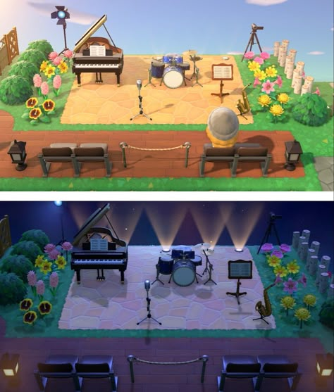 Acnh Singing Area, Concert Acnh, Animal Crossing Band Area, Acnh Stage Area, Acnh Band Area, Animal Crossing Concert Area, Pergola Animal Crossing, Animal Crossing Pergola Ideas, Animal Crossing Gazebo Ideas