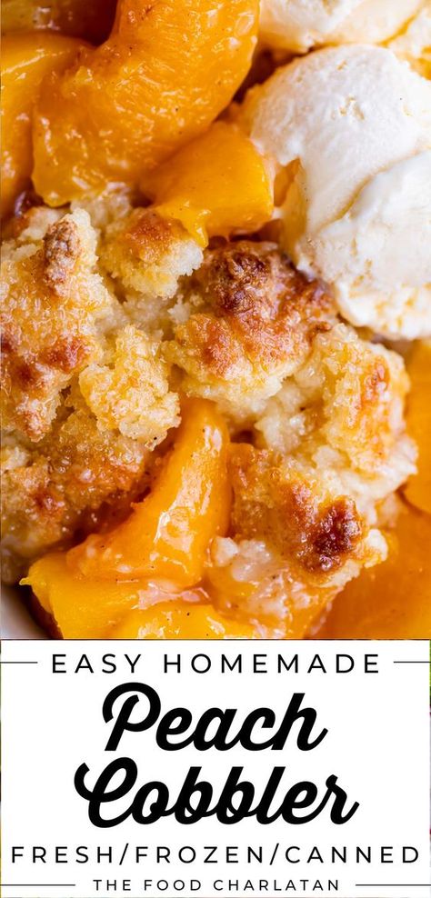 Homemade Peach Cobbler Recipe (Fresh, Canned, or Frozen!) from The Food Charlatan. There is just nothing better than fresh homemade Peach Cobbler in the summer! Or make it any time of year with canned or frozen peaches. This easy recipe features juicy peaches with a sweet buttery cake like topping, but even better because it gets nice and crispy on top! You can even try it with apricots. Perfect with vanilla ice cream. This recipe comes together super fast and is easy enough for kids to make it! Pioneer Woman Peach Cobbler, Peach Cobbler With Frozen Peaches, Peach Cobbler With Fresh Peaches, Homemade Peach Cobbler Recipe, Best Peach Cobbler, Homemade Peach Cobbler, Cobbler Recipes Easy, Southern Peach Cobbler, Easy Peach Cobbler