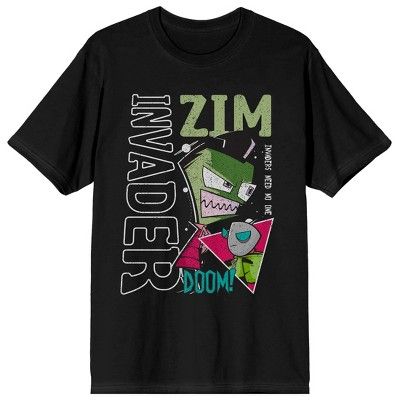 Celebrate your favorite cartoons in comfort with this Invader Zim tee. The shirt features an image of Invader Zim standing next to black and green letters that spell out his name. Blue letters below the image spell out, “Boom.” The tee comes in a black short sleeve crew neck. Invader Zim fans will love this comfy cotton t-shirt. Zim From Invader Zim, Graphic Tees Men, Black Graphic Tee, Invader Zim Merch, Invader Zim Gir Sweater, Invader Zim Gir Jacket, Invader Zim Shirt, Invader Zim Gir Hoodie, Invader Zim Gir Shirts