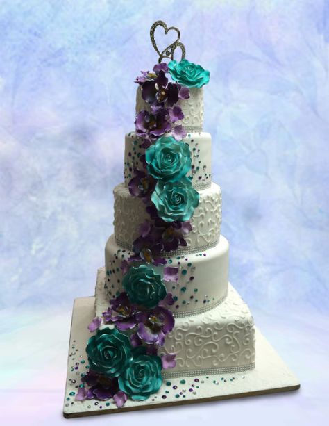 Purple and Teal Teal Wedding Cakes, Purple And Teal Wedding, Purple Teal Wedding, Publix Wedding Cake, Purple Turquoise Wedding, Teal Wedding Cake, Teal Cake, Crystal Cake Topper, Teal Design