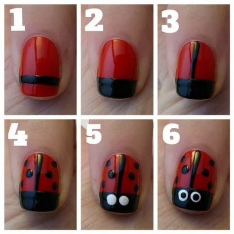 18 Animal Themed Nail Tutorials - Pretty Designs Ladybird Nails, Bug Nails, Ladybug Nail Art, Nail Art Step By Step, Ladybug Nails, Art Step By Step, Kids Nail Designs, Nail Art For Kids, Kutek Disney