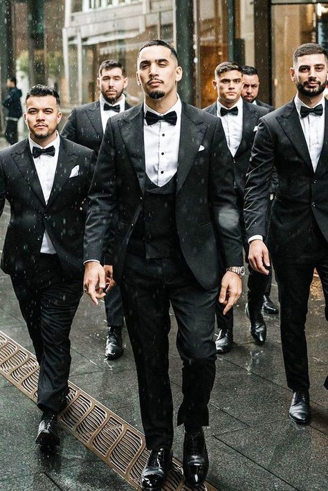 24 Modern Groom's Attire Details To Look Perfect ❤  grooms attire details black with bow tie classy suavebespoke #weddingforward #wedding #bride Black Suit Bow Tie, Wedding Suit Ideas, Groomsmen Attire Black, Black Wedding Suit, Tuxedo Wedding Groomsmen, Wedding Suits Men Black, Wedding Suit Styles, Grooms Attire, White Wedding Suit