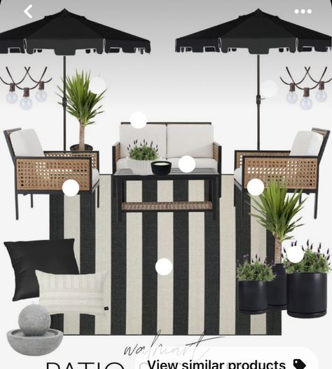 Front Porch Decor Black And White, Patio Furniture Black And White, Black And White Cabana Stripe Patio, Black And White Outdoor Patio Floor, Black White And Brown Patio Decor, Black Rattan Patio Furniture, Cane Patio Furniture, Black And Tan Patio Decorating Ideas, Black And White Striped Patio Decor