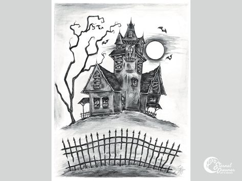 Haunted House - Traditional pen and ink drawing with added ink wash. This is an original illustration by me, Emily Overman.  ITEM DESCRIPTION -8.5"x11" -Epson Premium paper -Unframed art print I order all of my art prints from Giclée Today, and they come individually wrapped in a sealed, protective bag. This print is printed on Epson Premium paper, which has a texture like watercolor paper. Giclée prints are printed using the highest quality inks and papers. Once your order is placed, this product will be printed and shipped to you directly from the printing studio. COPYRIGHT: I retain all copyrights to my artwork. Spooky House Drawing Easy, Haunted Houses Drawing, Halloween Haunted House Drawing, Haunted House Drawings, Halloween House Drawing, Glicee Art, Gothic Art Prints, Haunted House Drawing, Simple House Drawing