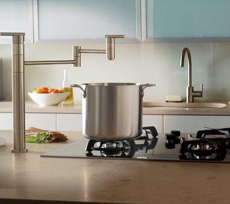 Pot Filler utilized on island Pot Tap, Tools Cabinet, Deck Mount Pot Filler, Luxurious Kitchens, Interior Design News, Pasta Pot, Pot Filler, Kitchen Concepts, Kitchen And Bath Design