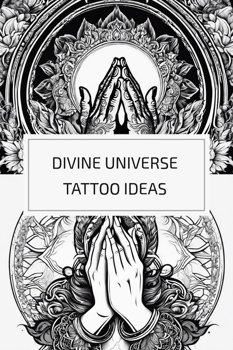 Explore beyond traditional divine tattoo designs for a celestial, divine body art statement! Let your ink tell tales of spiritual connections, inner peace, and cosmic awe. Feeling inspired? Dive into more divine tattoo ideas on our website and spark your creativity! #tattooideas #divinetattoos Divine Love Tattoo, Sacred Symbols Spirituality, As Above So Below Tattoo Words, Divine Masculine Tattoo, Universe Tattoo Spiritual, Pleiades Tattoo, Metaphysical Tattoos, Higher Power Tattoo, Universe Tattoo Ideas