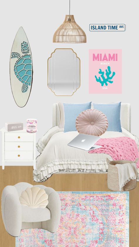 Pink Beach Bedroom Ideas, Beach Themed Teenage Girl Bedroom, Beach Rooms Bedrooms, Teen Girl Beach Bedroom, Teenage Beach Bedroom, Pink Beach Bedroom, Beach Girls Room, Slanted Bedroom, Pink Beachy Room