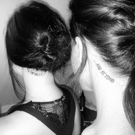 To infinity and beyond. Best friend tattoos Best Friend Behind The Ear Tattoos, Best Friend Tattoos Behind Ear, Best Friend Tattoos Light And Dark, Matching Music Tattoos Friends, Blonde And Brunette Best Friends Tattoo, Matching Star Wars Tattoo Best Friends, Music Best Friend Tattoos, Tattoos Behind The Ear, Matching Couple Tattoos