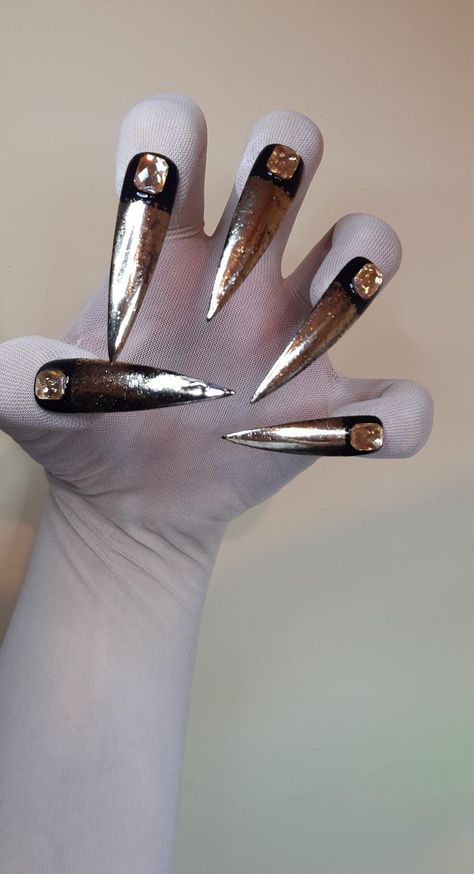 Nails Crystals, Transparent Gloves, Nude Gloves, Drag Queen Costumes, Black Gold Nails, Black Nails With Glitter, Black Stiletto Nails, Gloves Long, Queen Nails