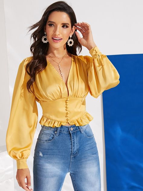 Satin Top Blouses, Dip Hem Top, Butterfly Sleeve Blouse, Blusas Top, Organza Top, Women Blouses, Satin Top, Blouse Online, Yellow Fashion