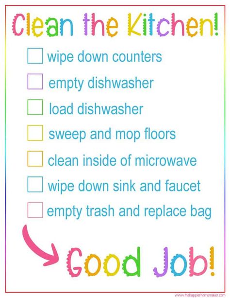 Teaching kids how to clean a kitchen is so important as they grow up. Use this free printable kitchen cleaning checklist for kids to help them get the job done correctly every time! Bathroom Cleaning Schedule, Kids Cleaning Checklist, Kitchen Cleaning Checklist, Bathroom Cleaning Checklist, Clean The Bathroom, Kids Bathroom Colors, Putz Hacks, Cleaning Checklist Printable, Cleaning Printable