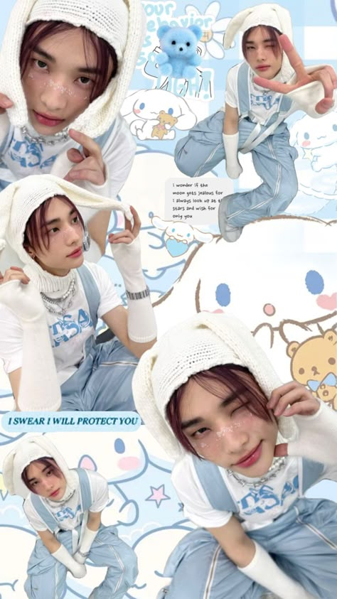 🤍 #hyunjin #hyunjinskz #cinnamoroll Skzoo Fanart, Skzoo Wallpaper, Making Wallpaper, K Pop Poster, Cutecore Room, Hello Kitty And Sanrio, Wallpaper Stray Kids, Hyunjin Wallpaper, Kawaii Cutecore