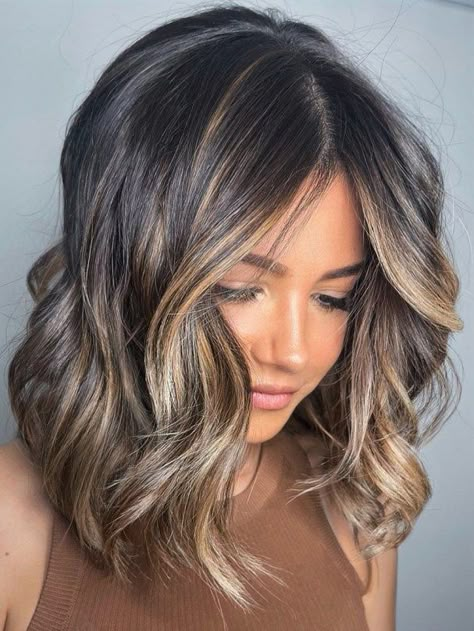 Mushroom Brown With Blonde Balayage, Balayage Hair Ideas, Balayage Long Hair, Black Hair Balayage, Ash Blonde Balayage, Brunette Hair With Highlights, Balayage Hair Dark, Dark Hair With Highlights, Brown Hair With Blonde Highlights