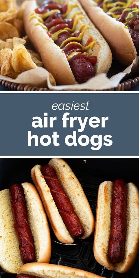 The best way to cook hot dogs, these Air Fryer Hot Dogs are crisp on the outside and hot and juicy in the middle. This method is fast, easy, and will make you never want to cook a hot dog another way! Cooking Hot Dogs, Air Fryer Hot Dogs, Fried Hot Dogs, Making Hot Dogs, Fried Recipes, Creamy Pesto Sauce, Hot Dog Toppings, Family Friendly Recipes, Hot Dog Recipes