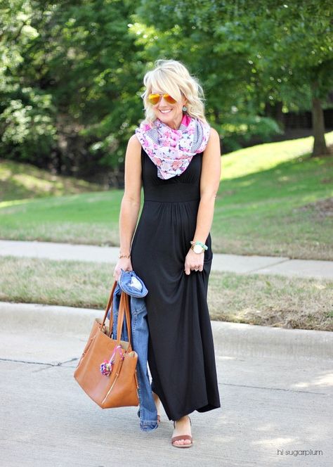 {5 Ways} to Wear a Maxi Dress | hi Sugarplum! Tank Maxi Dress Outfit, Black Tank Dress Outfit, Black Maxi Dress Style, How To Style A Maxi Dress, Vestidos Maxi, Tank Dresses Outfit, Hi Sugarplum, Navy Blue Maxi Dress, Maxi Dress Outfit