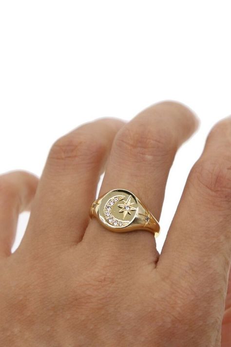 Our mesmerizing Celestial ring is set upon a smooth gold plated wedding band. Equally gorgeous worn solo as it is stacked alongside your favorite rings. Moon Signet Ring, North Star Ring, Celestial Ring, Moon And Star Ring, Womens Rings Fashion, Moon Ring, Gold Signet Ring, Star Ring, Classic Gold