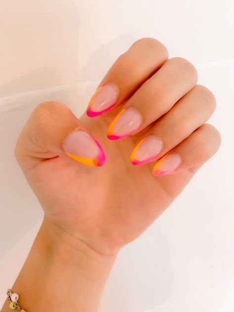 Almond shape with a nude base with orange and pink re French tips Pink And Orange French Tip Nails, Pink And Orange French Tip, Orange French Tip, Colored French Tips, Nail Tip Designs, Choppy Bob, Pretty Nail Designs, Tip Nails, Nails 2023