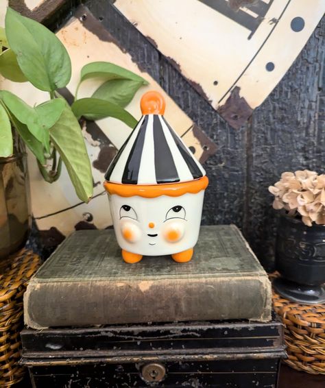 Johanna Parker Carnival Cottage Halloween Trinket Jar Kent O Tent , Vintage Style Halloween Trinket Box , Spooky Candy Dish, Halloween Decor by Findtiques on Etsy Carnival Cottage, Cottage Halloween, Ghost Dresses, Spooky Candy, Trinket Jar, Halloween Folk Art, Johanna Parker, Small Trinkets, Cottage Vintage