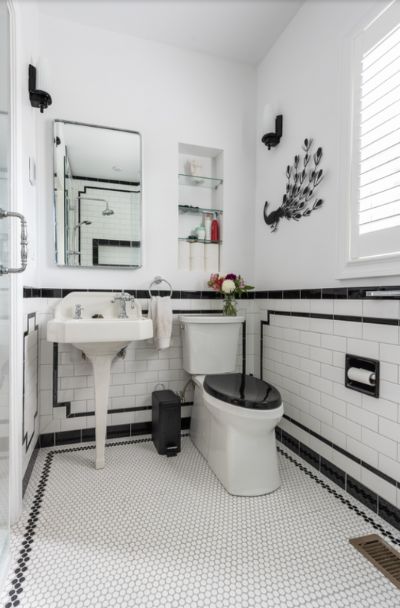 23 Black & White Tile Design Ideas - Sebring Design Build Art Deco Bathroom Tile, Black And White Bathroom Floor, Interior Art Deco, Art Deco Bathrooms, Black And White Tiles Bathroom, Black And White Tile, Black White Bathrooms, Black And White Bathroom, White Bathroom Decor